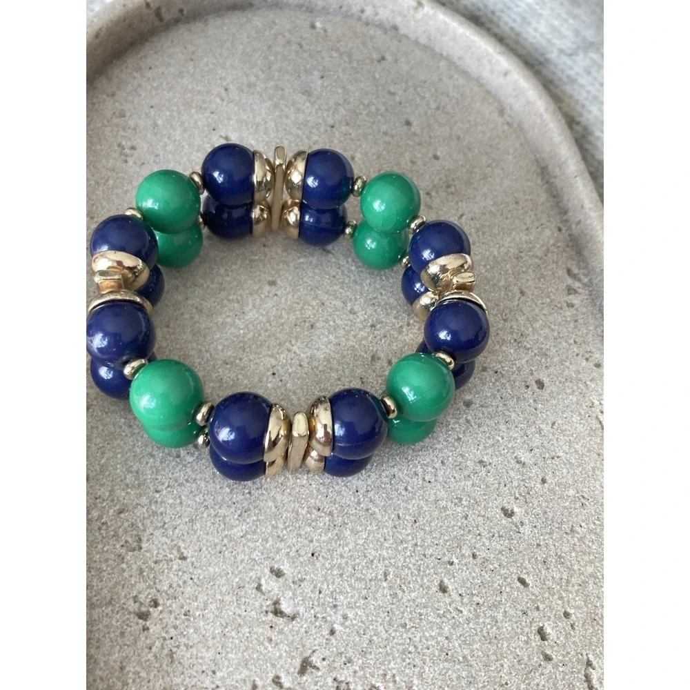 Chunky Beaded Stretch Bracelet Blue Green Gold Tone Preppy Statement Nautical‎